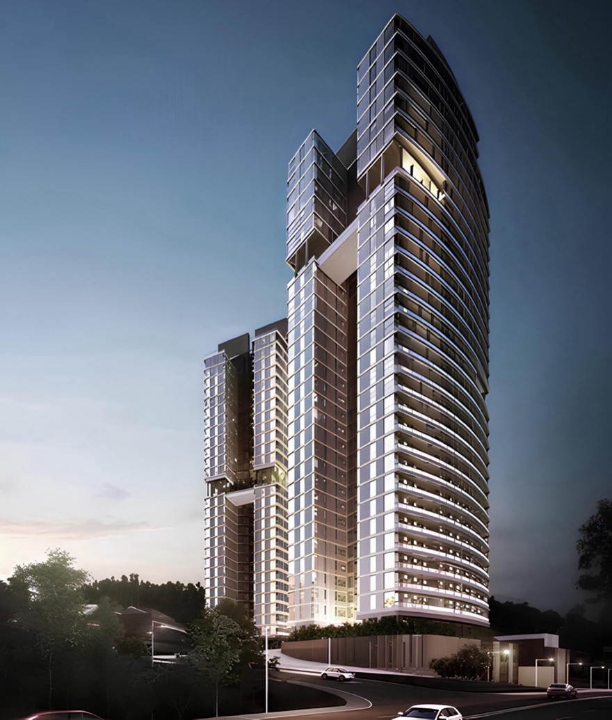 The Véo — dua menara kediaman di KL East, Kuala Lumpur, bercahaya pada waktu senja.